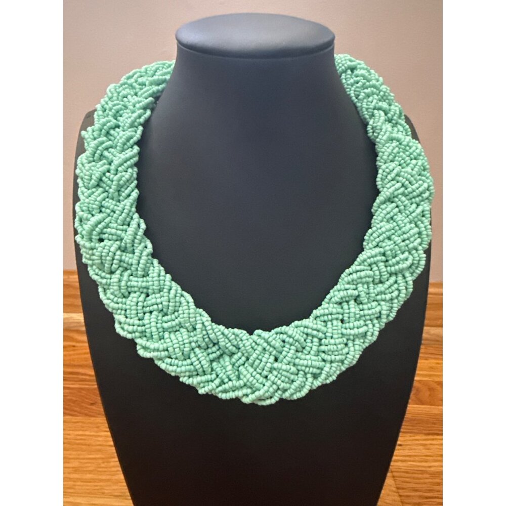 Charming Charlie Mint Green Beaded Braided Necklace Adjustable Length